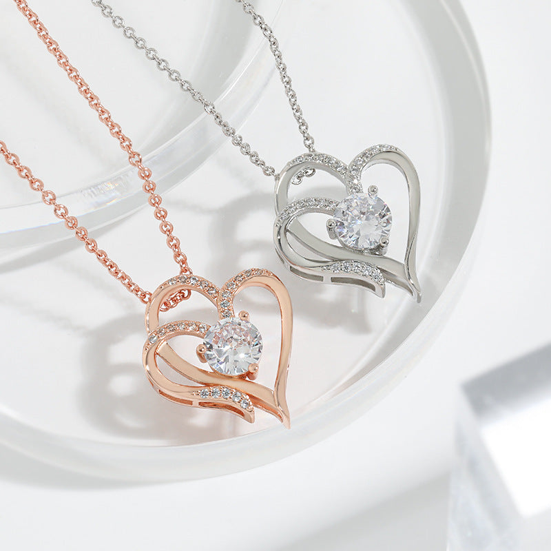 Double Love Heart-shaped Necklace With Rhinestones Day