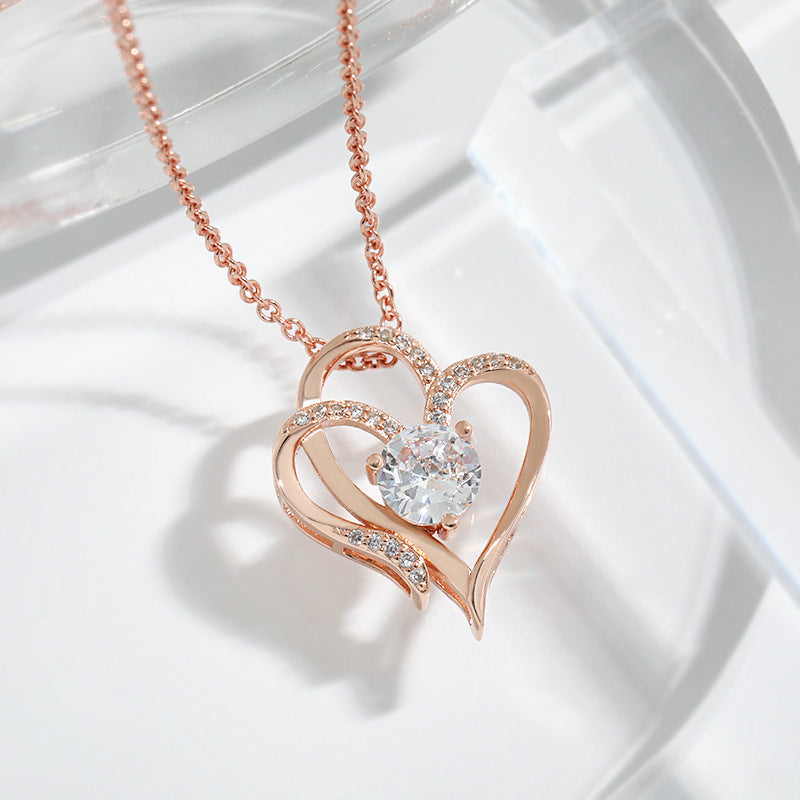 Double Love Heart-shaped Necklace With Rhinestones Day